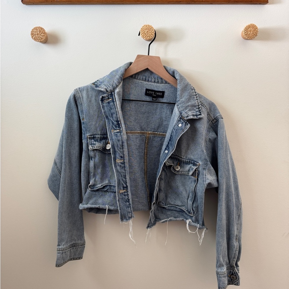 Love Tree Distressed Cropped Jean Jacket